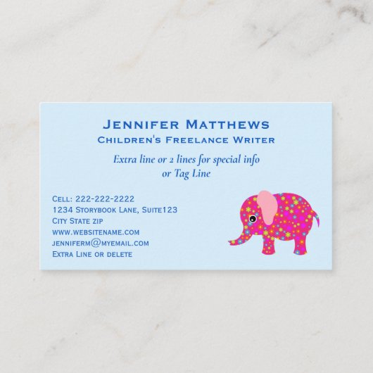 かわいい象の動物の児童図書の作家の作家 名刺 (裏面)