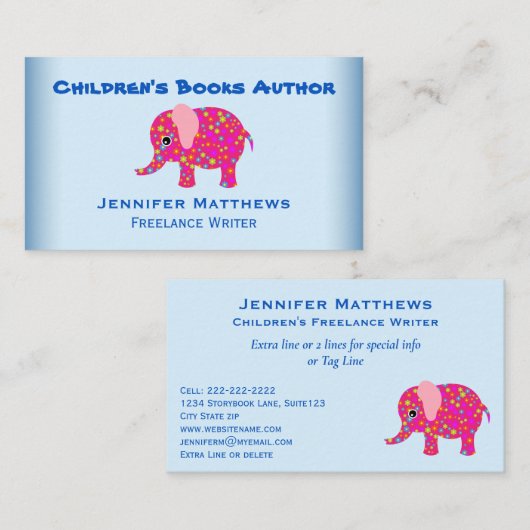 かわいい象の動物の児童図書の作家の作家 名刺 (正面/裏面)