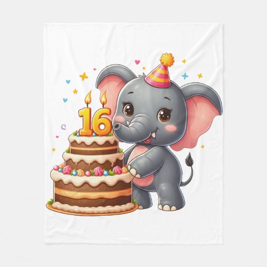 かわいい象の十六歳の誕生日 フリースブランケット (正面)