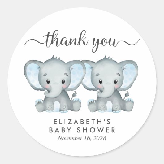 かわいい象の双子の男の赤ちゃんシャワーありがとう ラウンドシール (正面)