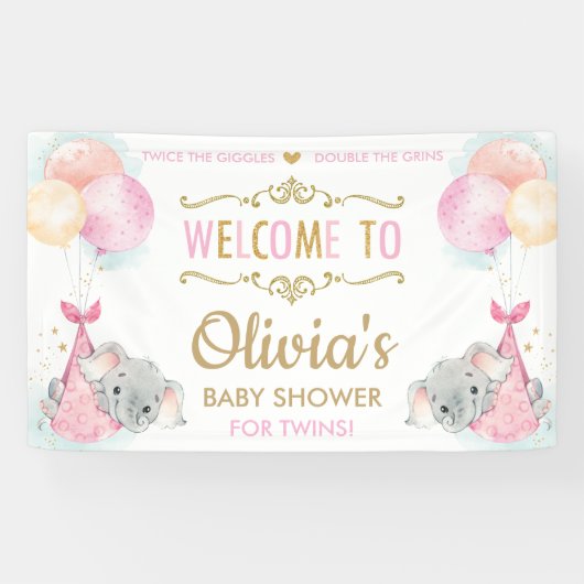 かわいい象の双子ガールズベビーシャワー背景 横断幕 (横)