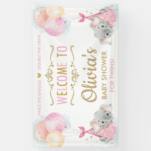 かわいい象の双子ガールズベビーシャワー背景 横断幕 (縦)