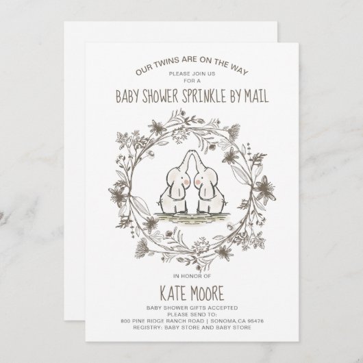 かわいい象の双子ベビーシャワーが散策 招待状 (正面/裏面)