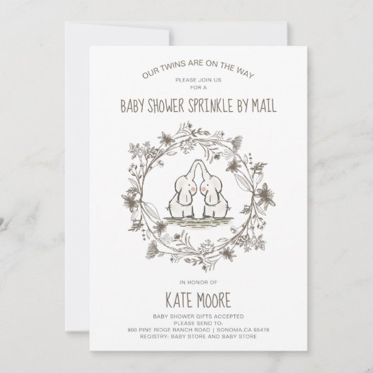 かわいい象の双子ベビーシャワーが散策 招待状 (正面)