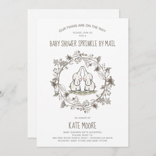 かわいい象の双子ベビーシャワーが散策 招待状 (正面/裏面)