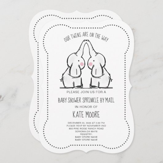 かわいい象の双子ベビーシャワー散策 招待状 (正面/裏面)