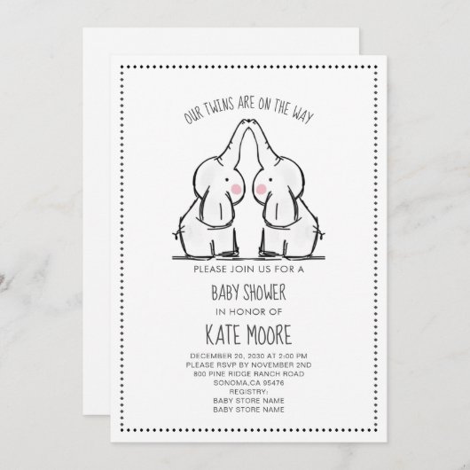 かわいい象の双子ベビーシャワー 招待状 (正面/裏面)