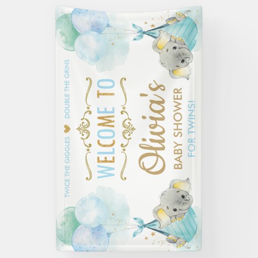 かわいい象の双子ボーイズ赤ちゃんシャワー背景 横断幕 (縦)