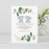 かわいい象の双子緑の金ゴールドベビーシャワー サンキューカード (スタンド正面)