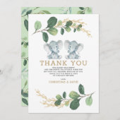 かわいい象の双子緑の金ゴールドベビーシャワー サンキューカード (正面/裏面)