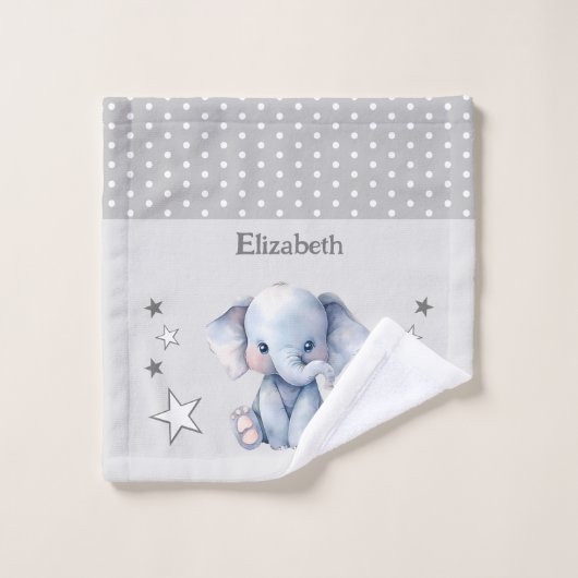 かわいい象の名前を追加水玉模様星灰色 ウォッシュタオル (ウォッシュタオル)