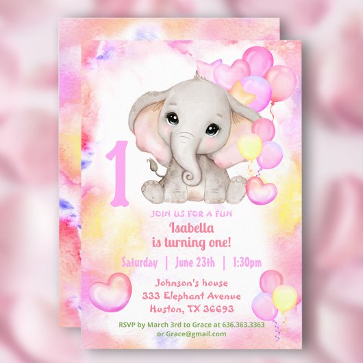 かわいい象の夏カラフルの女の子1st誕生日 招待状