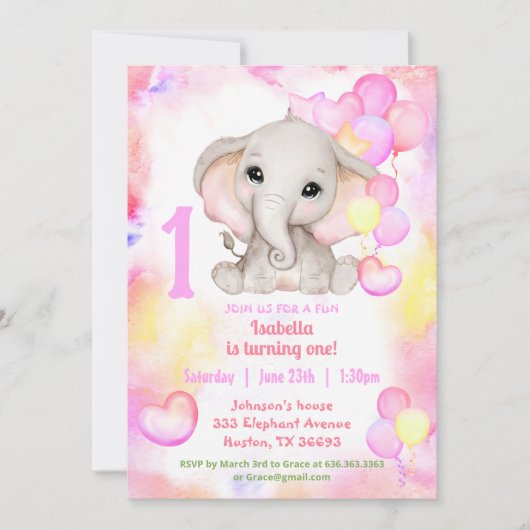 かわいい象の夏カラフルの女の子1st誕生日 招待状 (正面)