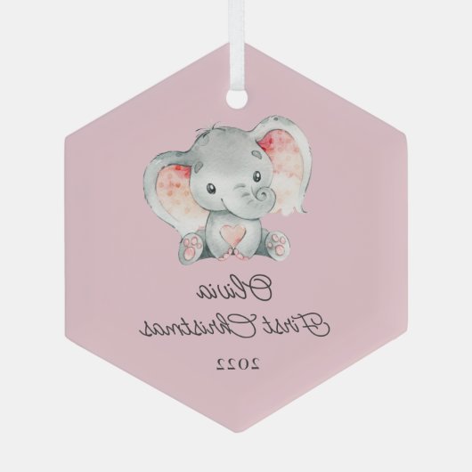 かわいい象の女の子の初めてのクリスマス ガラスオーナメント (裏面)