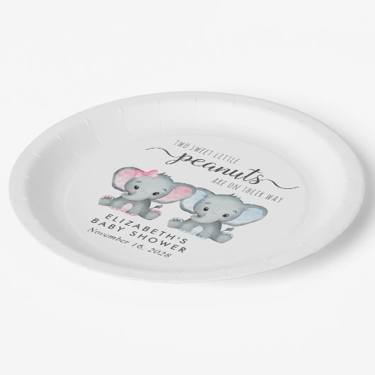 かわいい象の女の子の男の子ツインベビーシャワー ペーパープレート (アングル)