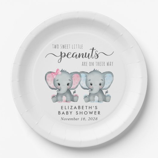 かわいい象の女の子の男の子ツインベビーシャワー ペーパープレート (正面)
