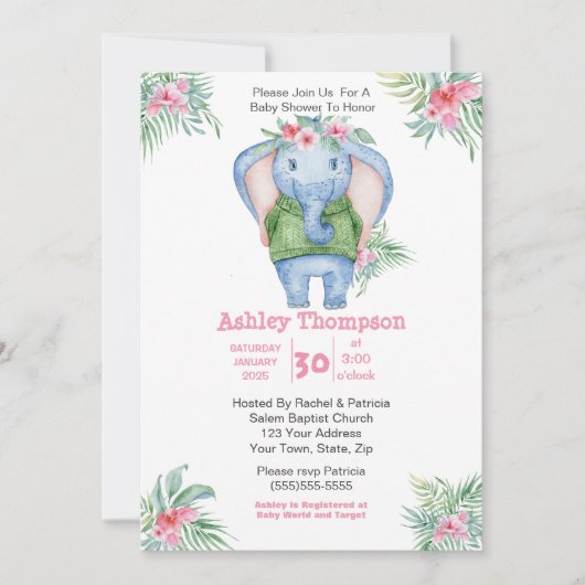 かわいい象の女の子の赤ちゃんシャワー 招待状 (正面)