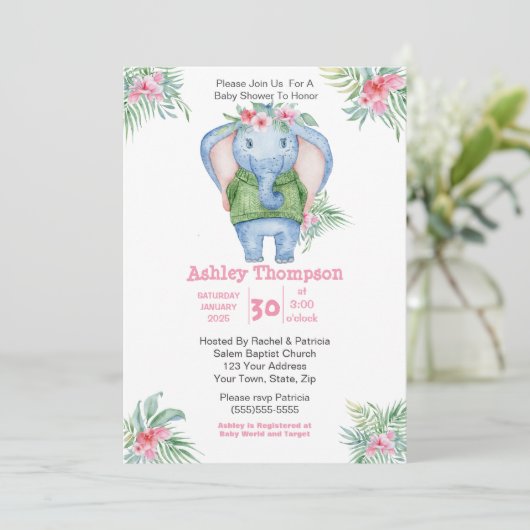 かわいい象の女の子の赤ちゃんシャワー 招待状 (スタンド正面)