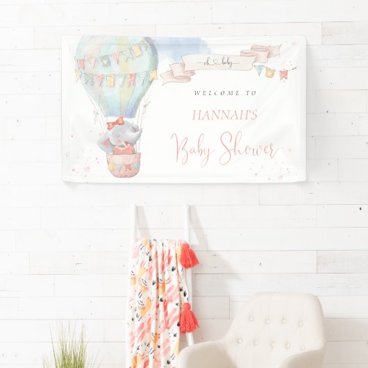 かわいい象の女の子ピンクの赤ちゃんシャワー 横断幕 (インサイチュ)