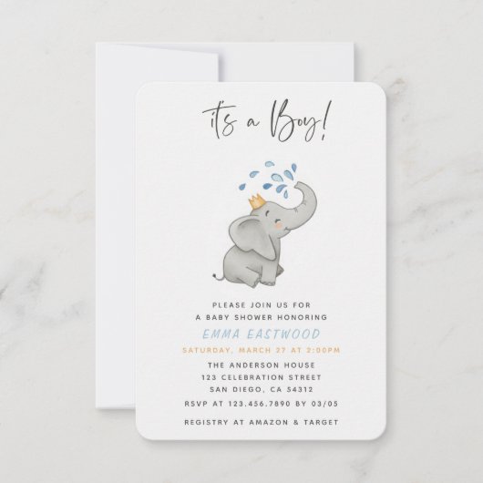 かわいい象の子が赤ちゃんシャワーを浴びる 招待状 (正面)