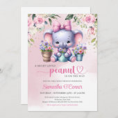かわいい象の小さなピーナッツのパステルピンクフローラ 招待状 (正面/裏面)