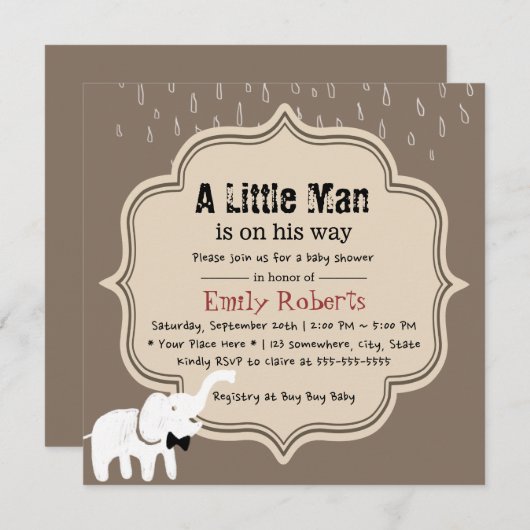 かわいい象の小柄な男、ダークタンベビーシャワー 招待状 (正面/裏面)