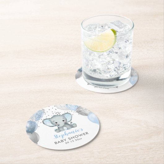 かわいい象の少年バルーン赤ちゃんシャワー ラウンドペーパーコースター (インサイチュ)