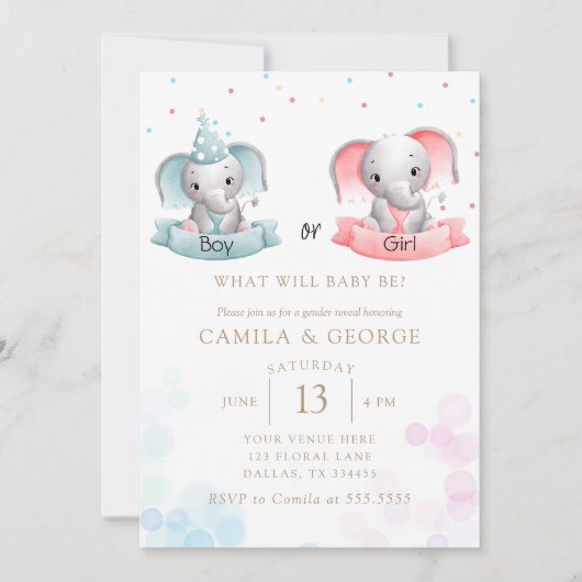 かわいい象の性別が赤ちゃんシャワーを浴びる 招待状 (正面)
