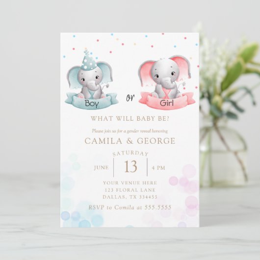 かわいい象の性別が赤ちゃんシャワーを浴びる 招待状 (スタンド正面)