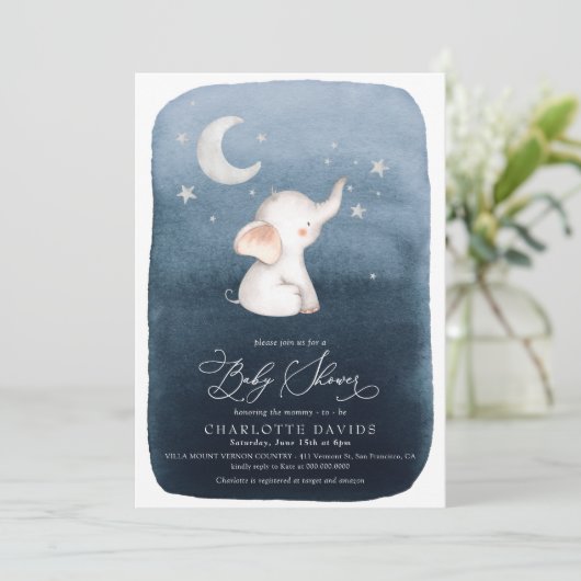 かわいい象の星と月の海軍のボーイ・ベビーシャワー 招待状 (スタンド正面)