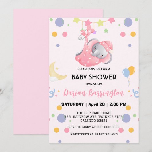 かわいい象の星風船ベビーシャワーパーティー子供たち 招待状 (正面/裏面)
