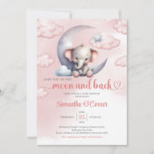 かわいい象の月と愛の女の子ベイビーシャワー 招待状 (正面)