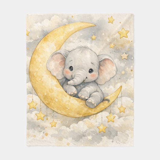 かわいい象の月 子供部屋の壁画 フリースブランケット (正面)
