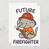 かわいい象の未来の消防士キッズおもしろい 招待状 (正面/裏面)