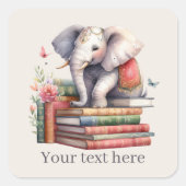 かわいい象の本の愛好家を追加文字 スクエアシール (正面)