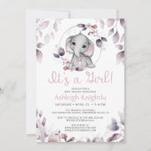 かわいい象の水の色の緑の女の子の赤ちゃんシャワー 招待状 (正面)