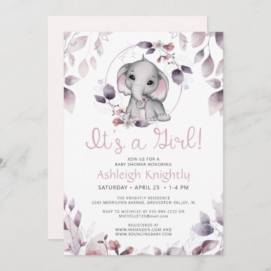 かわいい象の水の色の緑の女の子の赤ちゃんシャワー 招待状 (正面/裏面)