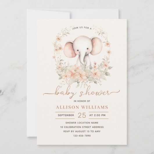 かわいい象の水の色フローラ赤ちゃんガールシャワー 招待状 (正面)