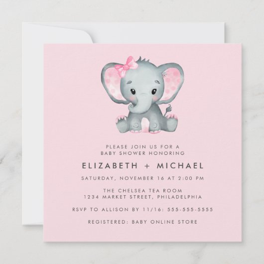 かわいい象の水の色ベビーガールカップルのシャワー 招待状 (裏面)