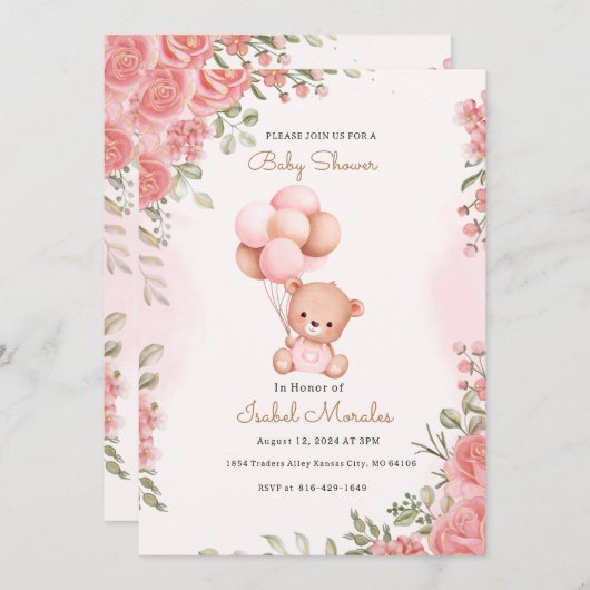 かわいい象の水の色ベビーガールシャワー 招待状 (正面/裏面)