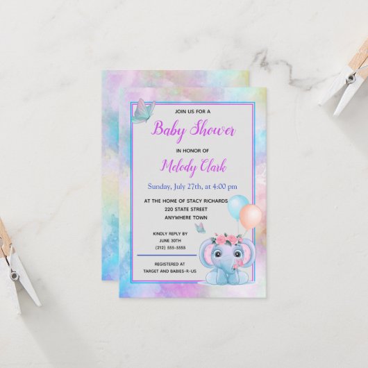 かわいい象の水の色ベビーシャワー招待状 カード (正面/裏面インサイチュ)