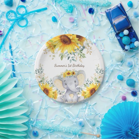 かわいい象の水彩のヒマワリ1歳の誕生日 ペーパープレート (パーティー)