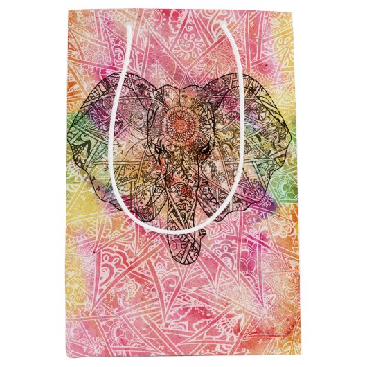 かわいい象の水彩手描きヘナフローラ ミディアムペーパーバッグ (正面)