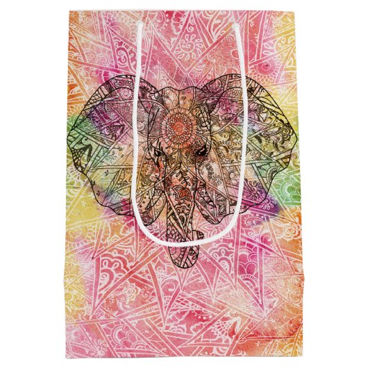 かわいい象の水彩手描きヘナフローラ ミディアムペーパーバッグ (裏面)