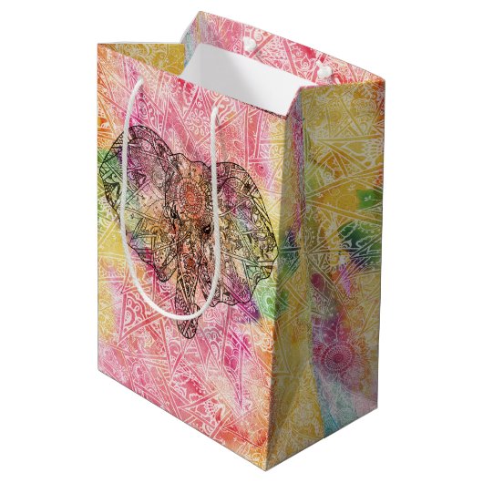 かわいい象の水彩手描きヘナフローラ ミディアムペーパーバッグ (裏面アングル)