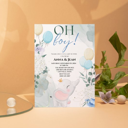 かわいい象の水彩気球の赤ちゃんシャワーボーイ 招待状