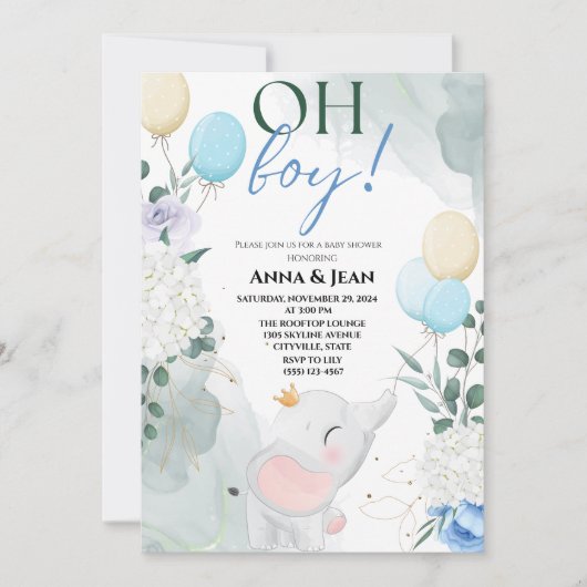 かわいい象の水彩気球の赤ちゃんシャワーボーイ 招待状 (正面)