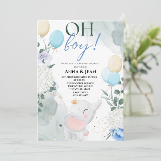 かわいい象の水彩気球の赤ちゃんシャワーボーイ 招待状 (スタンド正面)