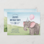 かわいい象の水彩画の誕生日 招待状 (正面/裏面)