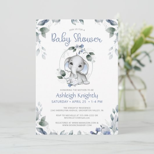 かわいい象の水彩緑の赤ちゃんシャワー 招待状 (スタンド正面)